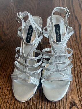 White House Black Market Metallic Silver Multi-Strap Heels Lilliana. 7.5 M